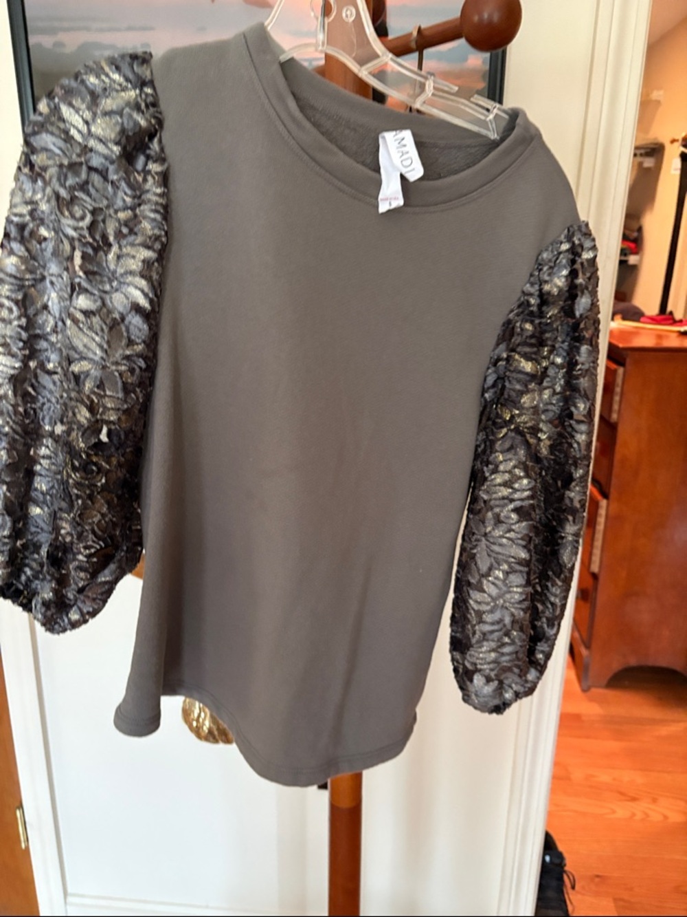 MAD Gray Puff-Sleeve Sweatshirt with Metallic Lace Sleeves